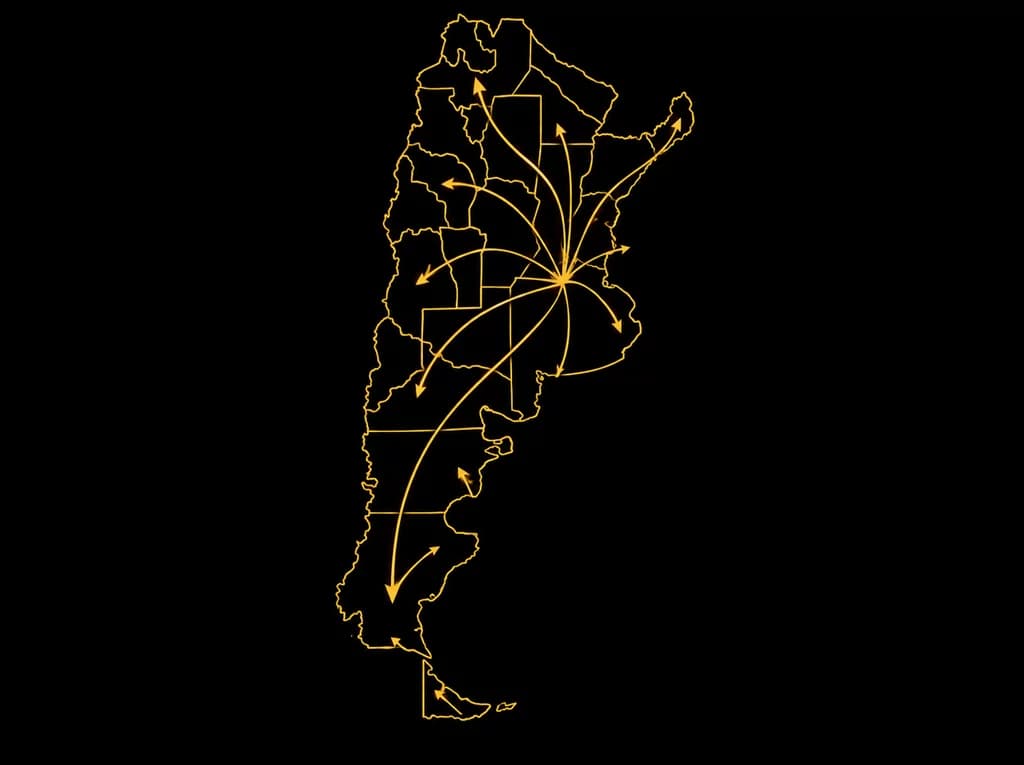 Mapa de Argentina con flechas doradas que llevan el lanzamiento a todas las provincias