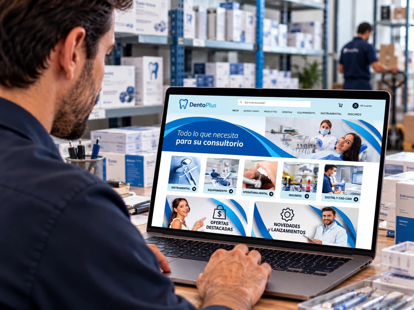 Proveedor odontológico en su depósito revisando en la notebook la página de su empresa