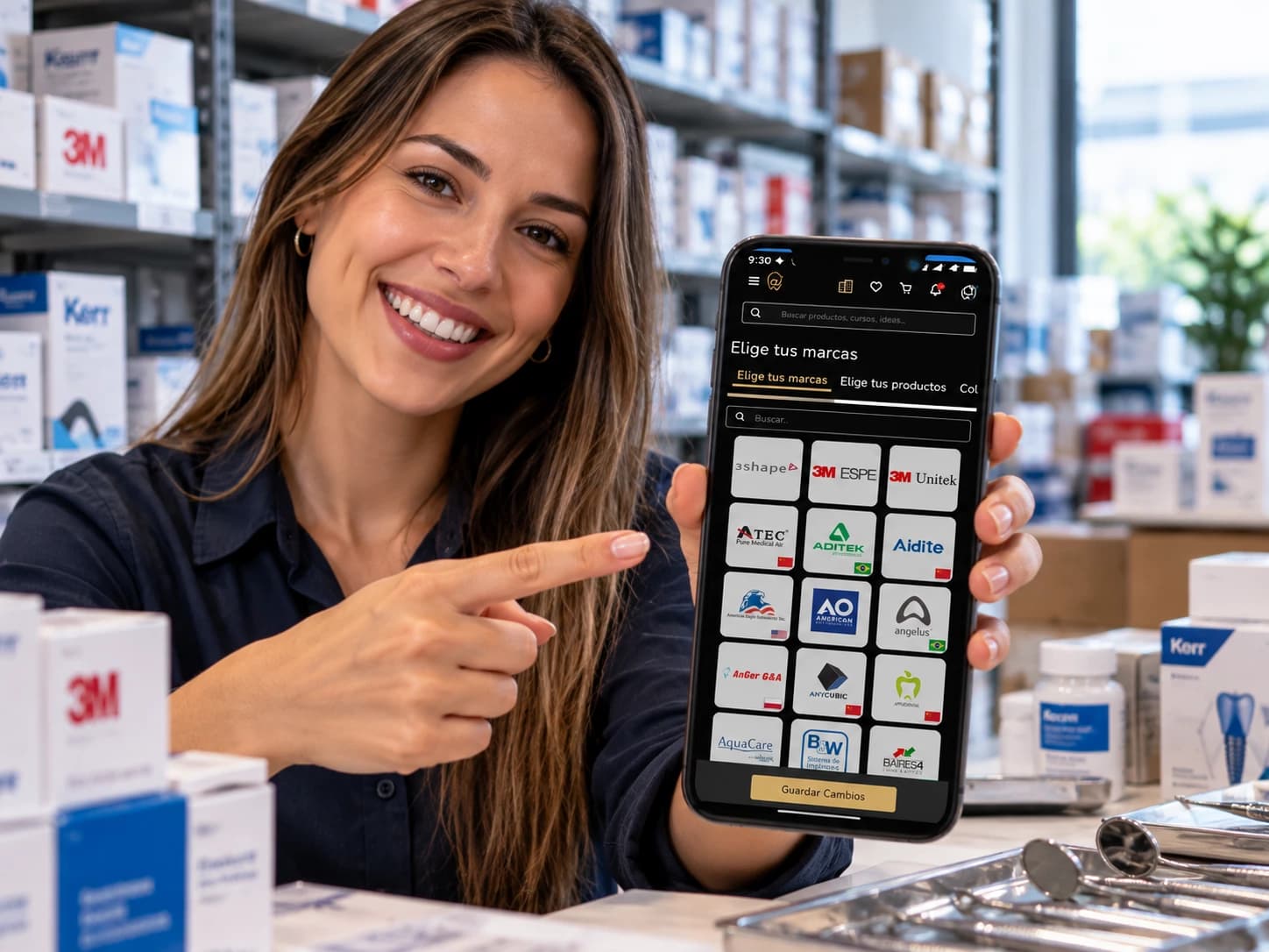 Proveedora mostrando en el celular las marcas que trabaja, elegidas dentro de Todo-Odonto