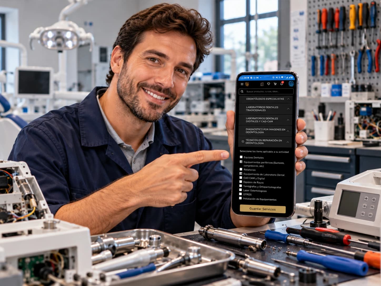 Técnico en reparación de equipamiento odontológico mostrando en el celular los servicios que ofrece