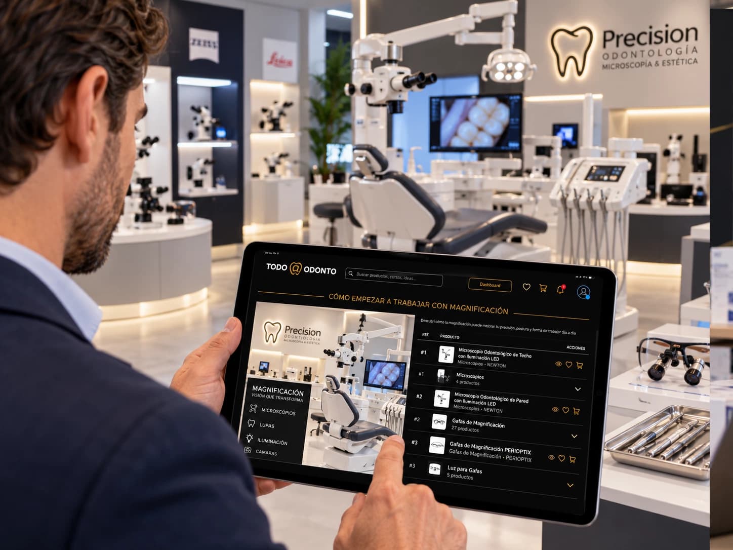 Tablet con una vidriera de Todo-Odonto sobre magnificación, en un showroom de microscopios odontológicos