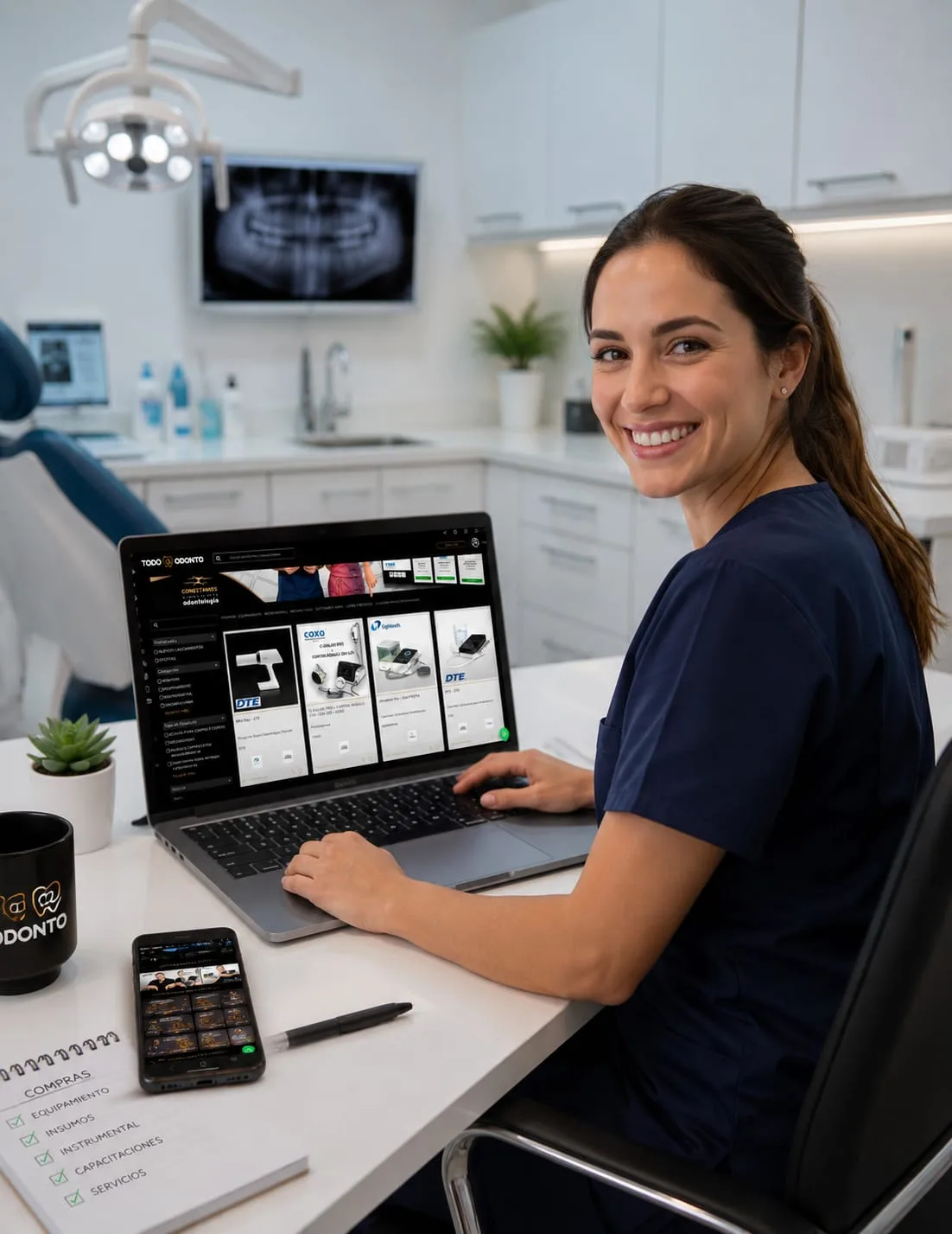 Odontóloga sonriendo en su consultorio mientras busca productos en Todo-Odonto desde la laptop
