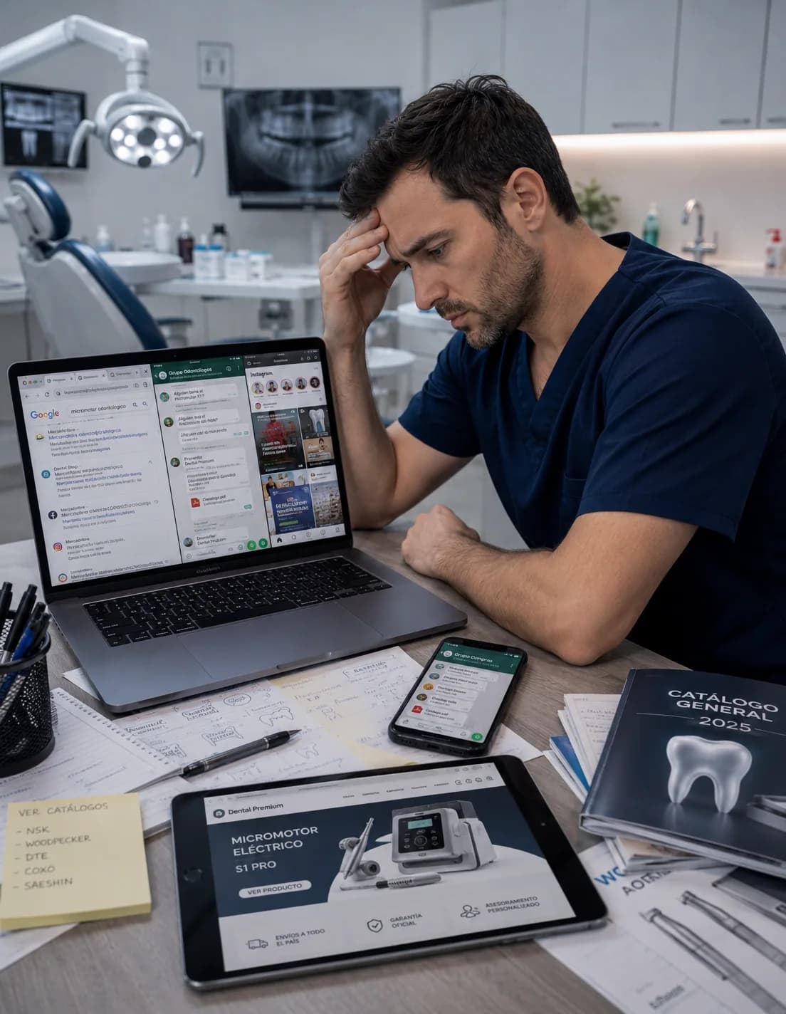 Odontólogo agobiado frente a una laptop con varios grupos y pestañas abiertas, buscando productos entre catálogos de papel
