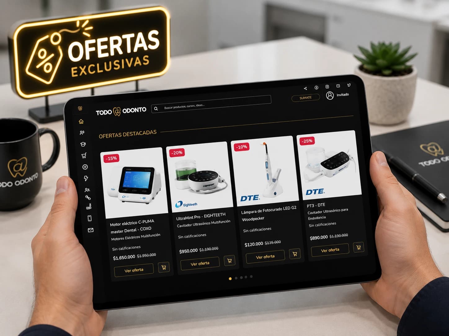Ofertas destacadas de Todo-Odonto en una tablet, con equipamiento odontológico y sus descuentos